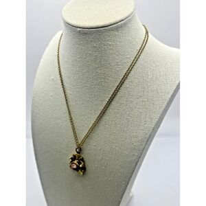 Vintage Ornate Gold Tone Pendant Necklace Faux Pearl Red Swirl Glass Bead Unique